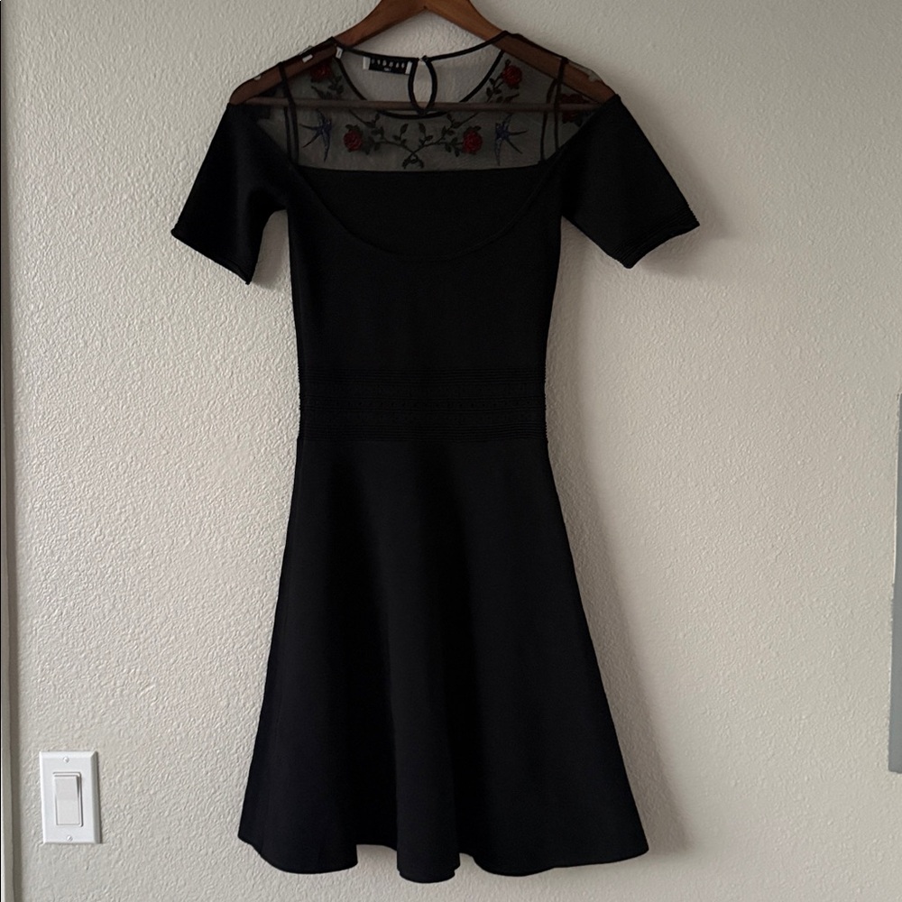 Sandro Rose and Bird Embroidery Paneled Knit Black Mesh Mini Fit Flare Dress 1 - Picture 11 of 14